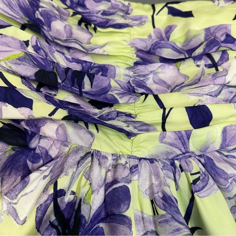 DELFI Purple Yellow Floral Puff Sleeve Sweetheart Mini Dress M Coquette Girl - Picture 6 of 11